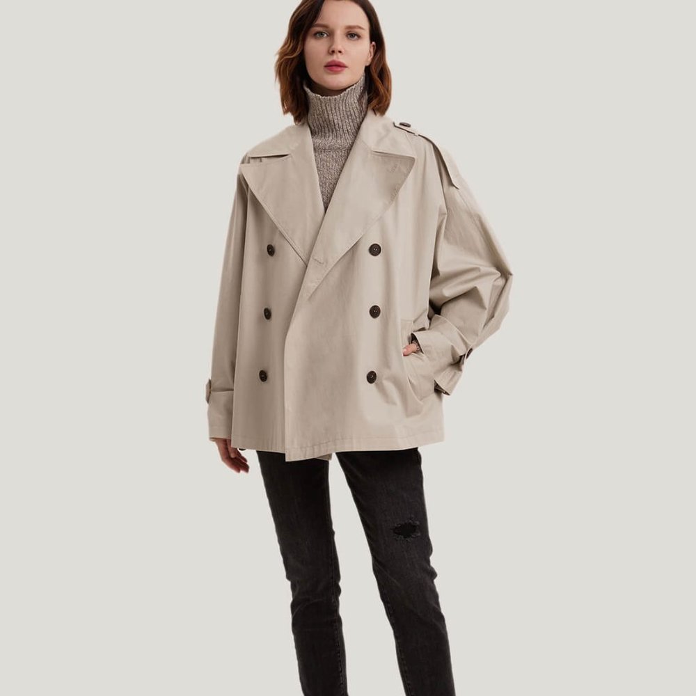 Double-Breasted Short 100% Cotton Trench Coat